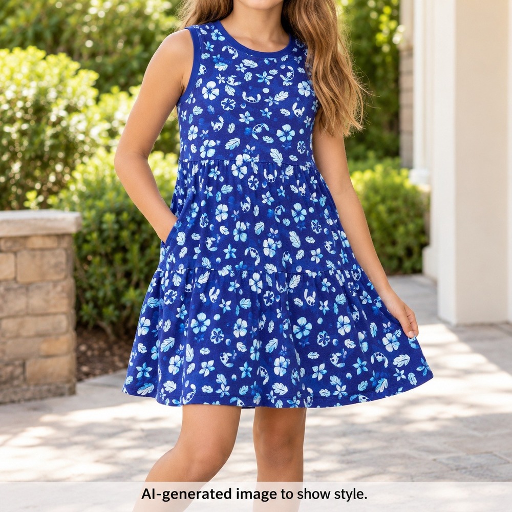 Disney Parks Lilo & Stitch Dress Girls 13 Tropical Floral Tiered with Pockets